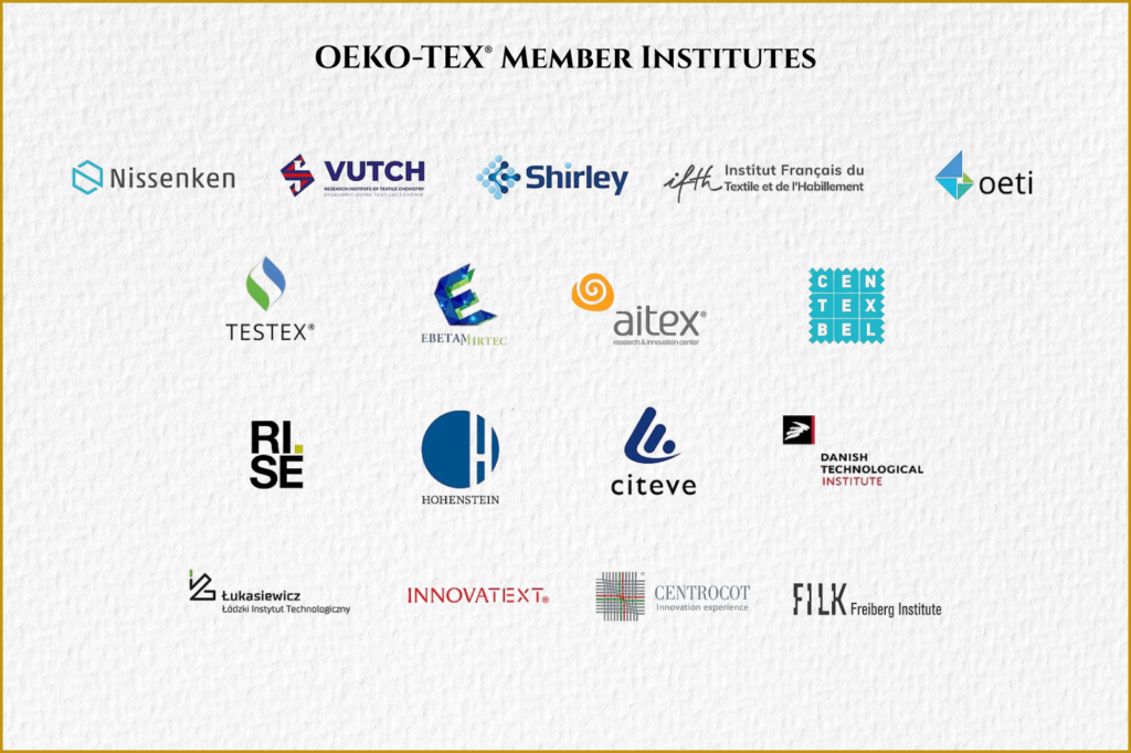 institutes that are currently part of OEKO-TEX® STANDARD 100 certification network worldwide. Logos of textile testing institutes supporting OEKO-TEX® STANDARD 100 safety standards.