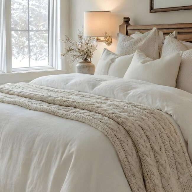A cozy, light-filled bedroom featuring layered white winter bedding, plush pillows, and a chunky knit throw creates a warm retreat from the snow outside.