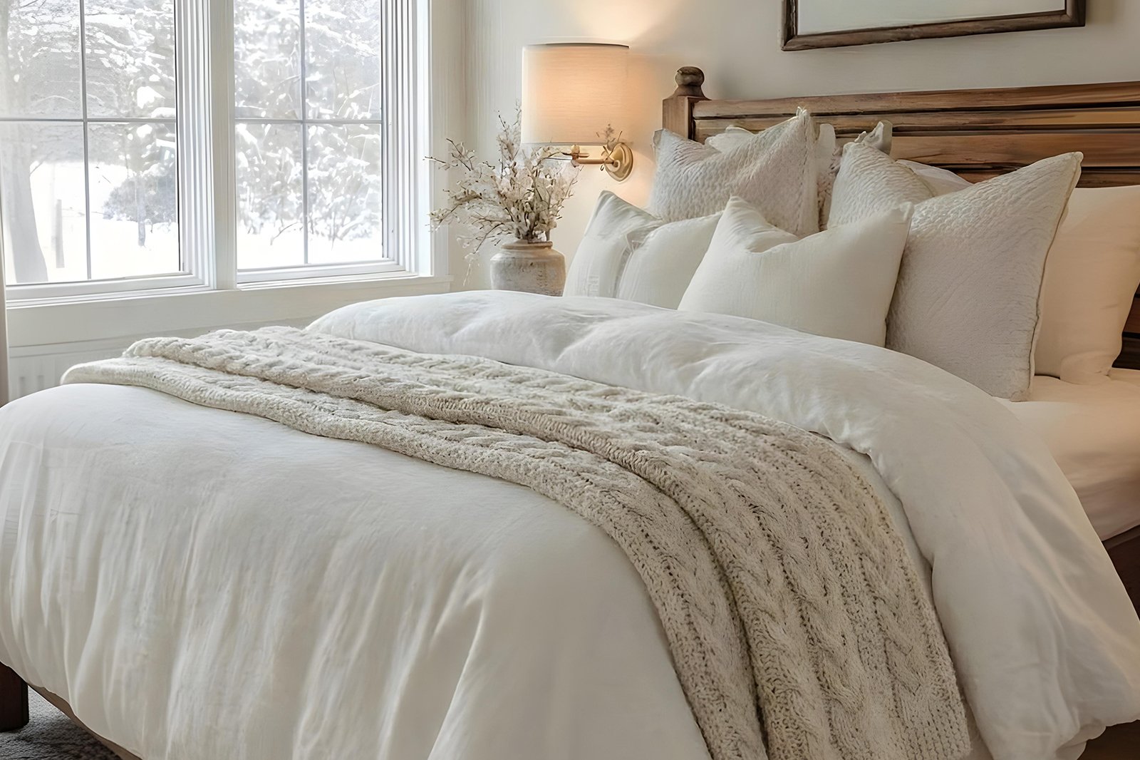 A cozy, light-filled bedroom featuring layered white winter bedding, plush pillows, and a chunky knit throw creates a warm retreat from the snow outside.