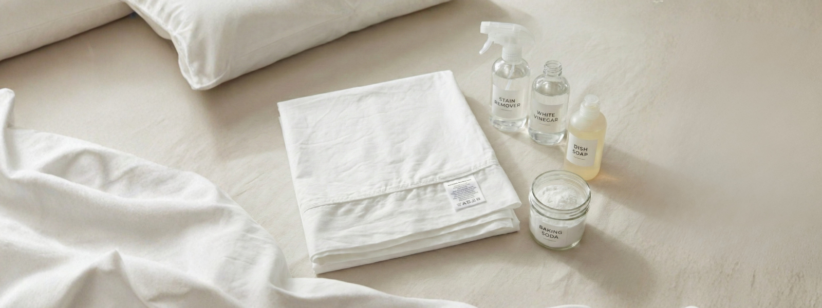 Luxury sheets laid on a white bed beside natural stain-removal supplies, including white vinegar, dish soap, and baking soda.