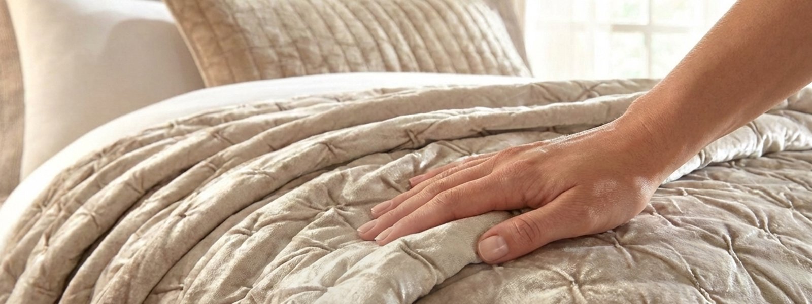 A close-up touch reveals the rich texture and inviting softness of a Premium Quilt, crafted for elevated comfort. Subtle stitching and warm hues convey timeless elegance and superior quality.