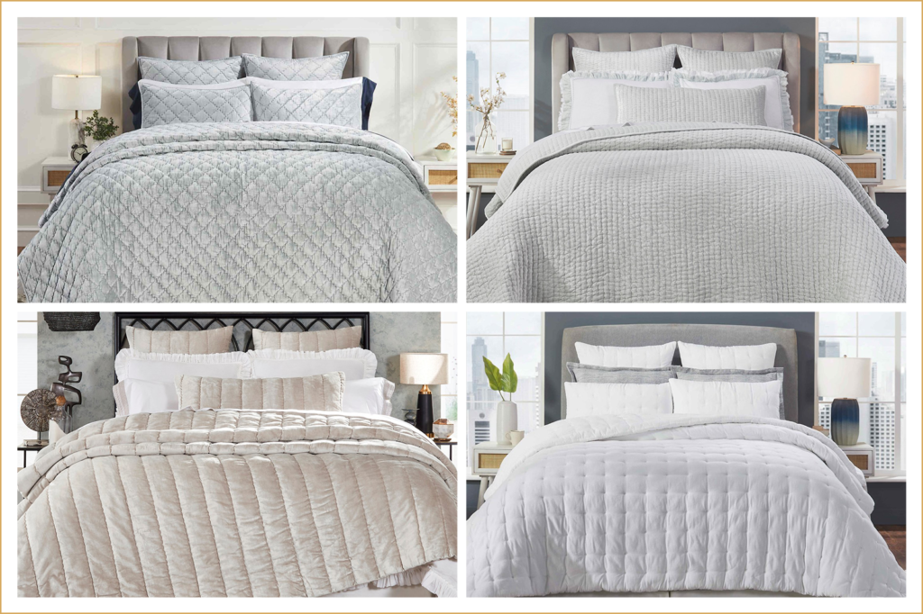 Collage showing four velvet quilt styles in light shades, highlighting different quilting patterns and textures.